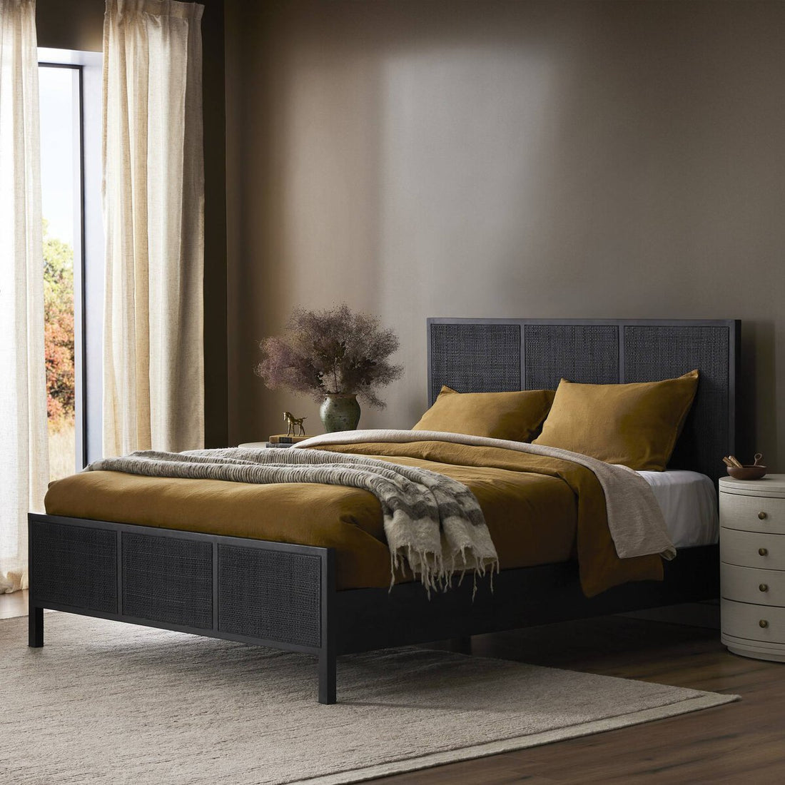 Rattan Wooden Bed in Solid Wood