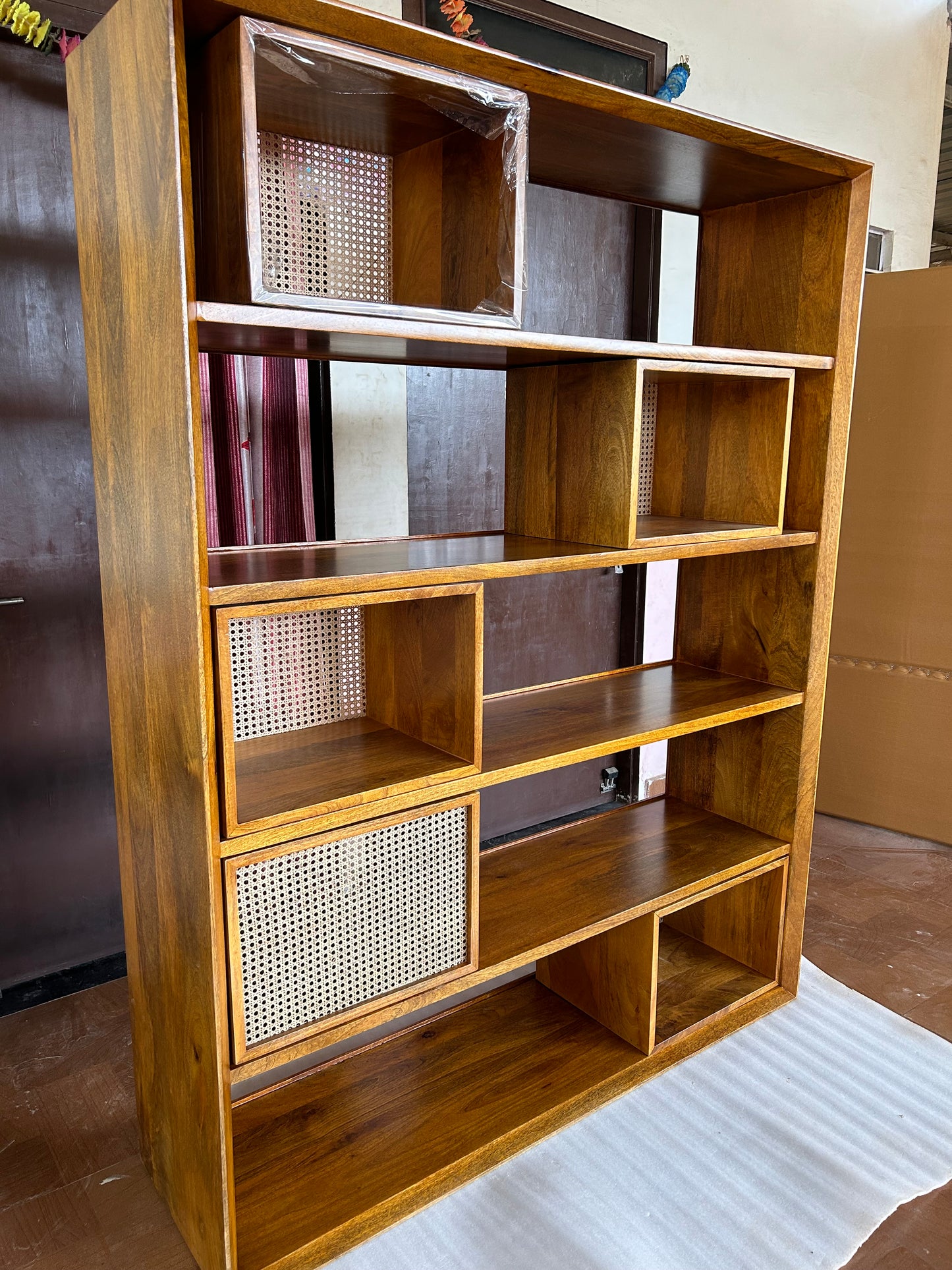 Lewis Bookcase with Rattan Box in Solid Wood
