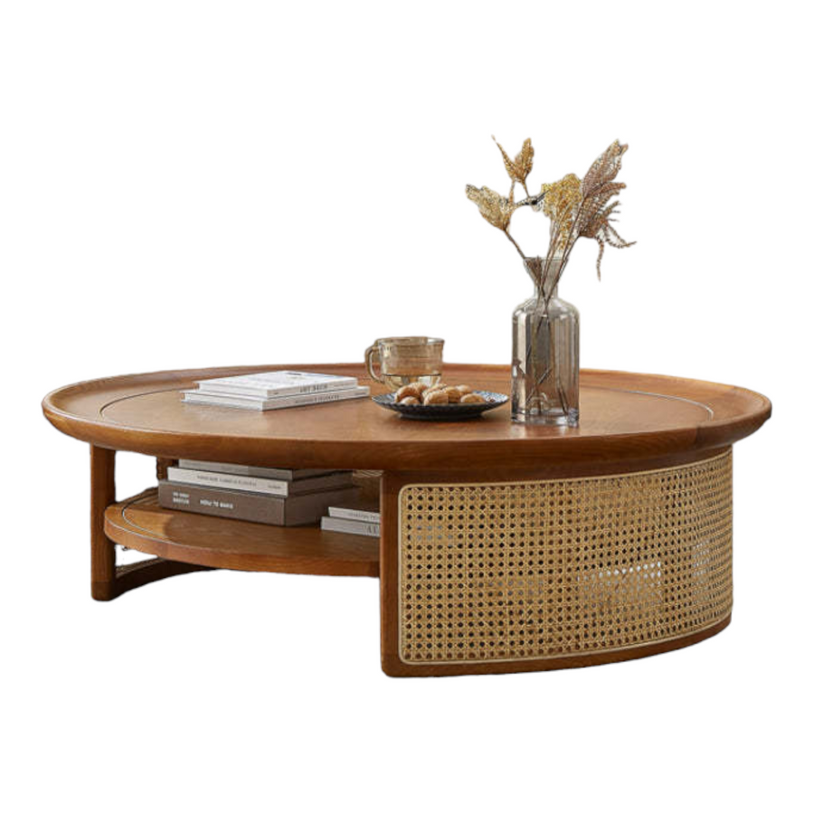 Round Coffee Table in Rattan & Solid Wood For Living Room