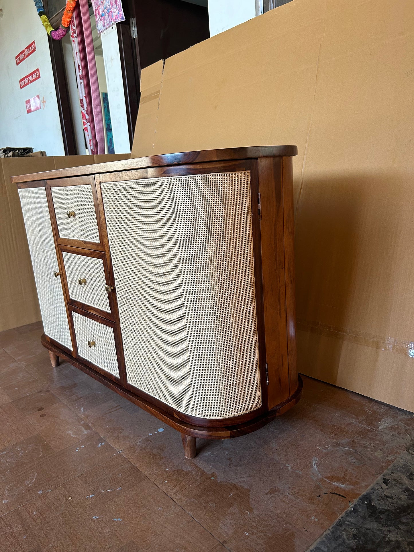 Curve Rattan Sideboard in Sheesham Wood | Premium Matt Finish | Storage Furniture