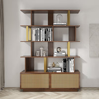 Contemporary Sheesham Wood Bookcase – 5 Shelves with 2 Storage Doors, Gold Finish