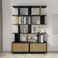 Contemporary Sheesham Wood Bookcase – 5 Shelves with 2 Storage Doors, Gold Finish
