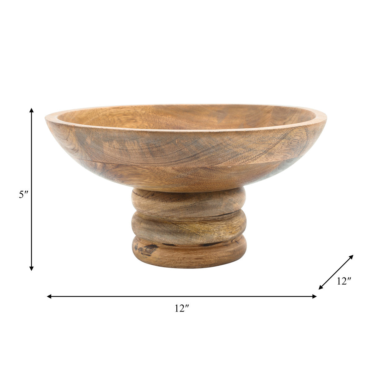 Premium Mango Wood Ribbed Pedestal Round Bowl (12 Inch)