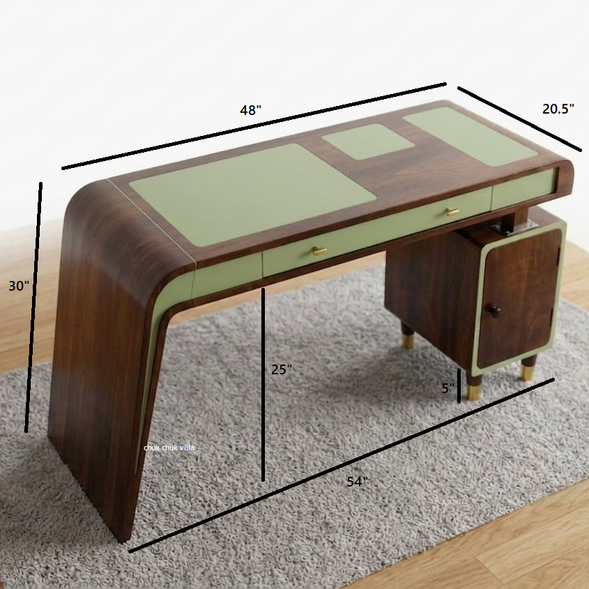 Elara Luxury Solid Wood Study Desk | Mango Wood | Walnut & Sage Green | Drawer & Cabinet Storage