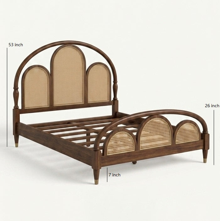 Elena Sheesham Wood Queen Size Bed with Rattan Cane Headboard | Solid Wood Bedroom Furniture