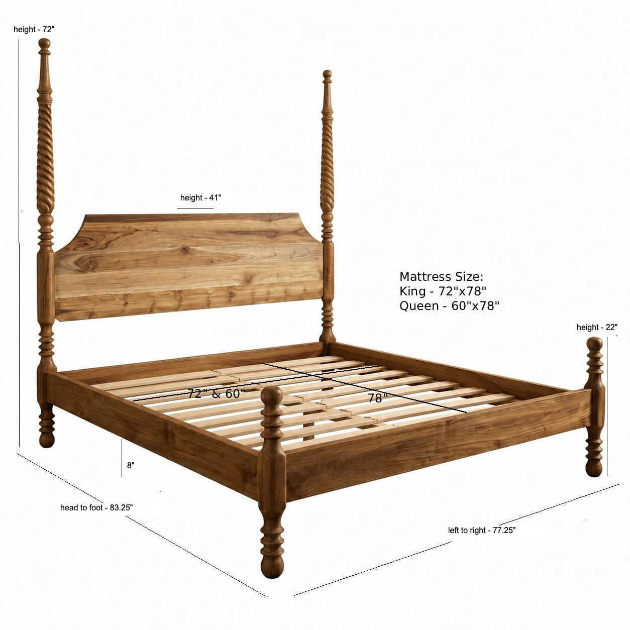 Florya Poster Bed in Acacia Wood |Natural Finish | King Size & Queen Size | Solid Wood