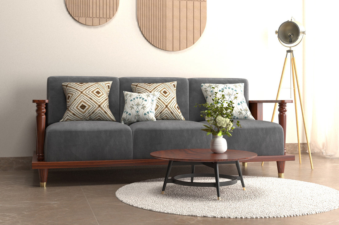 Graphite 3 Seater Wooden Sofa for Living Room | Upholstery Color - Carbon Black | Honey Finish