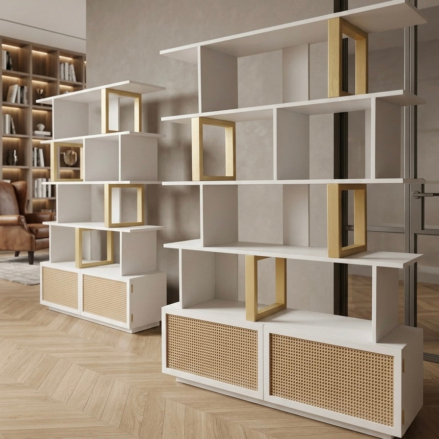 Contemporary Mango Wood Bookcase – 5 Shelves with 2 Storage Doors, Gold Finish