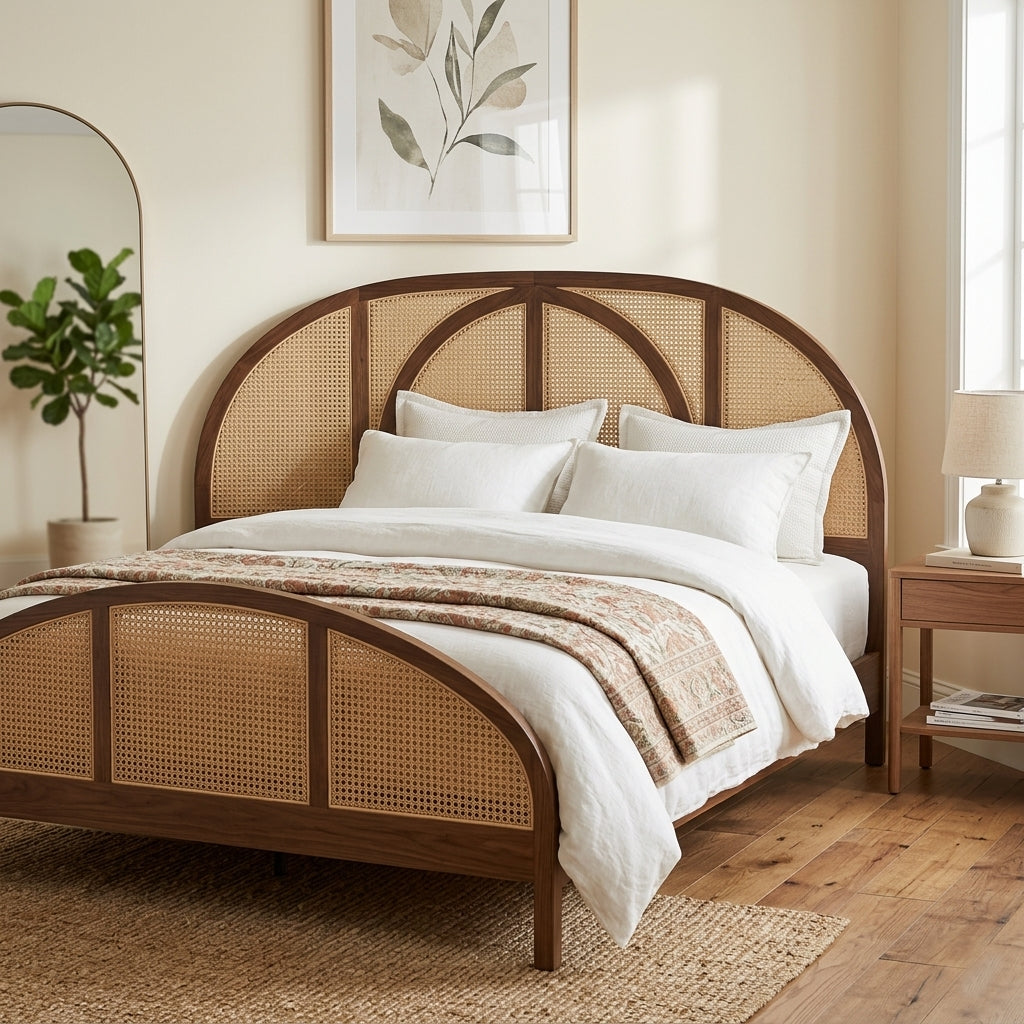Jharokha Sheesham Wood & Rattan Cane Bed (Walnut Finish)