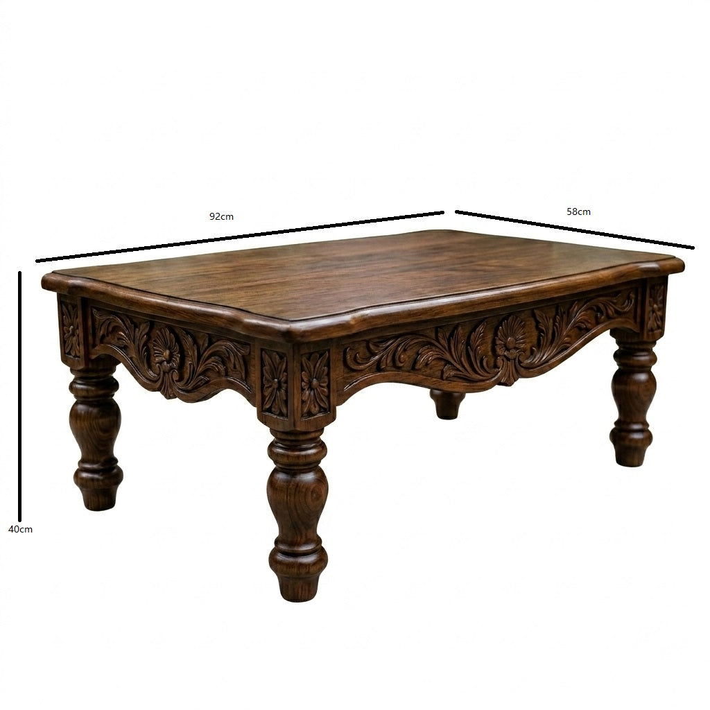 Mayur Carved Coffee Table in Solid Wood | Walnut Finish