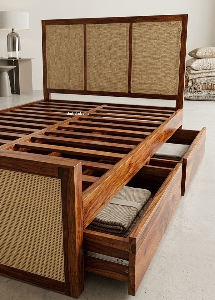 Rattan Wooden Bed With Storage in Sheesham Wood | Drawer Storage| King Size & Queen Size | Honey Finish