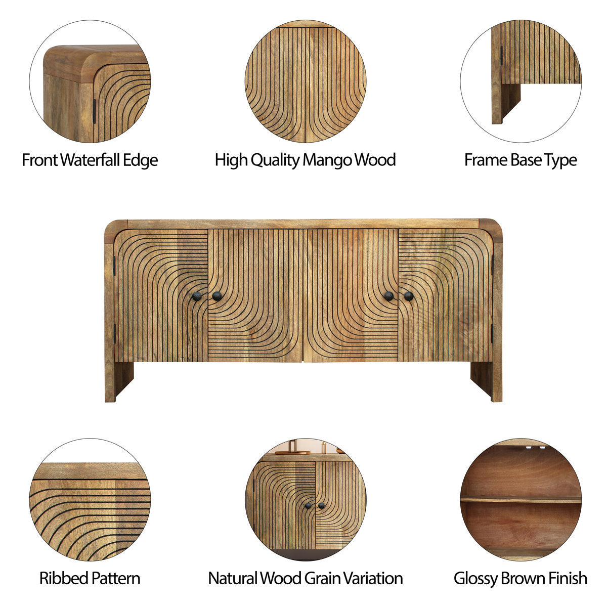 Waterfall Edge Sideboard in Solid Wood For Storage | Natural Matt Finish