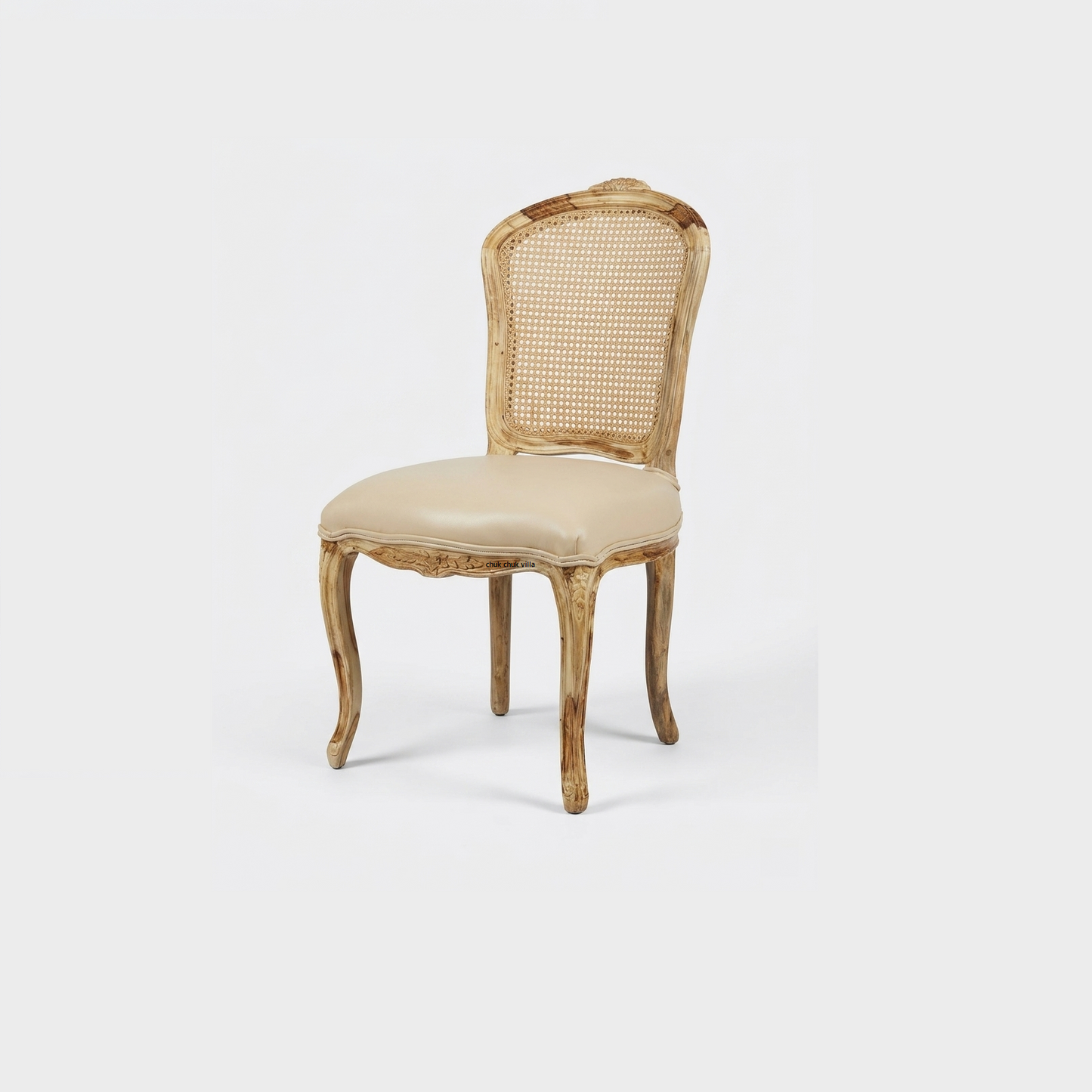 Sunehri Mahal Dining Chair | Sheesham Wood | Natural Finish | Beige Leather Upholstery| Rattan Backrest Design
