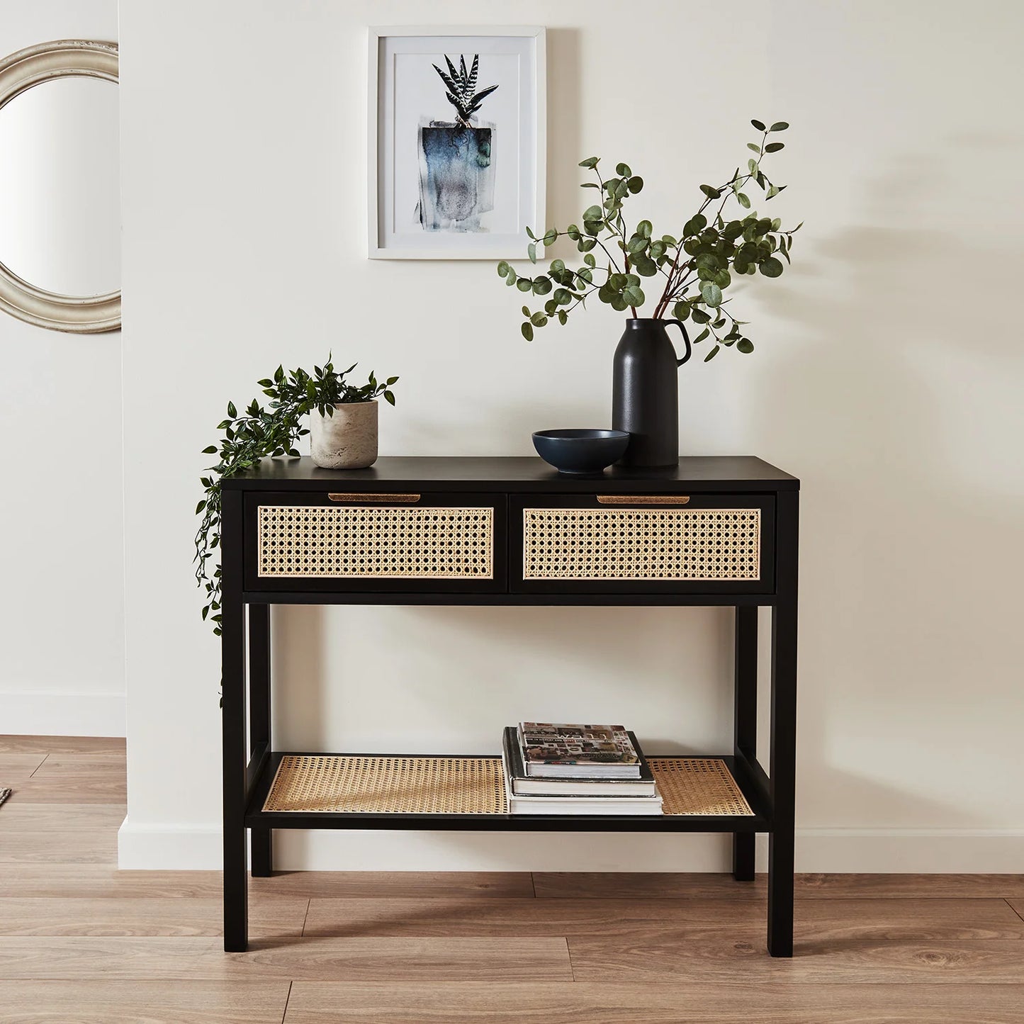 Theophania Mango Wood Console Table |Black Finish |Rattan Design