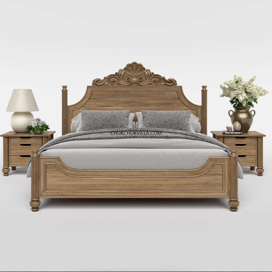 Morris Solid Wood Hand-Carved Bed – Natural Finish