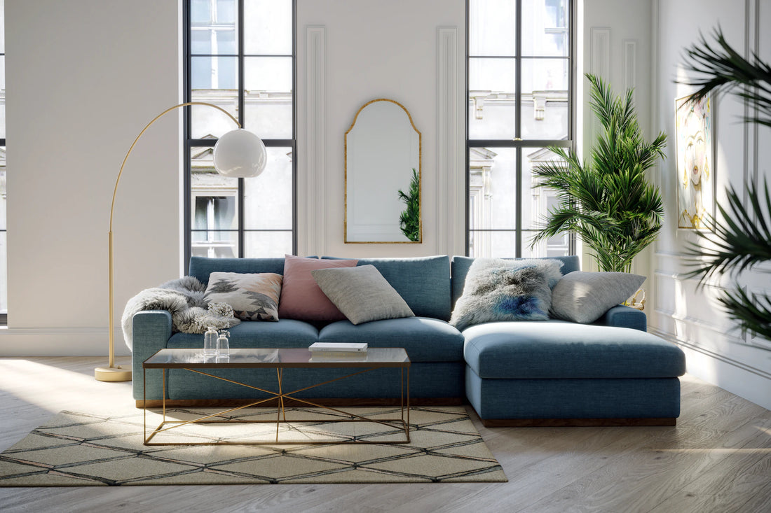 Bolt Sectional Sofa 5 Seater with Storage | Upholstery Color Powder Blue | Solid Wood Legs & Frames