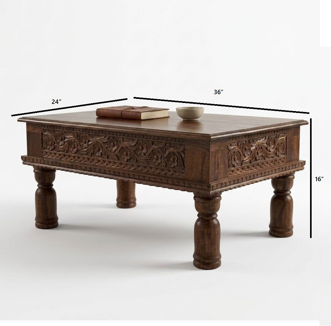 Verona Rustic Handcarved Wooden Coffee Table | Mango Wood