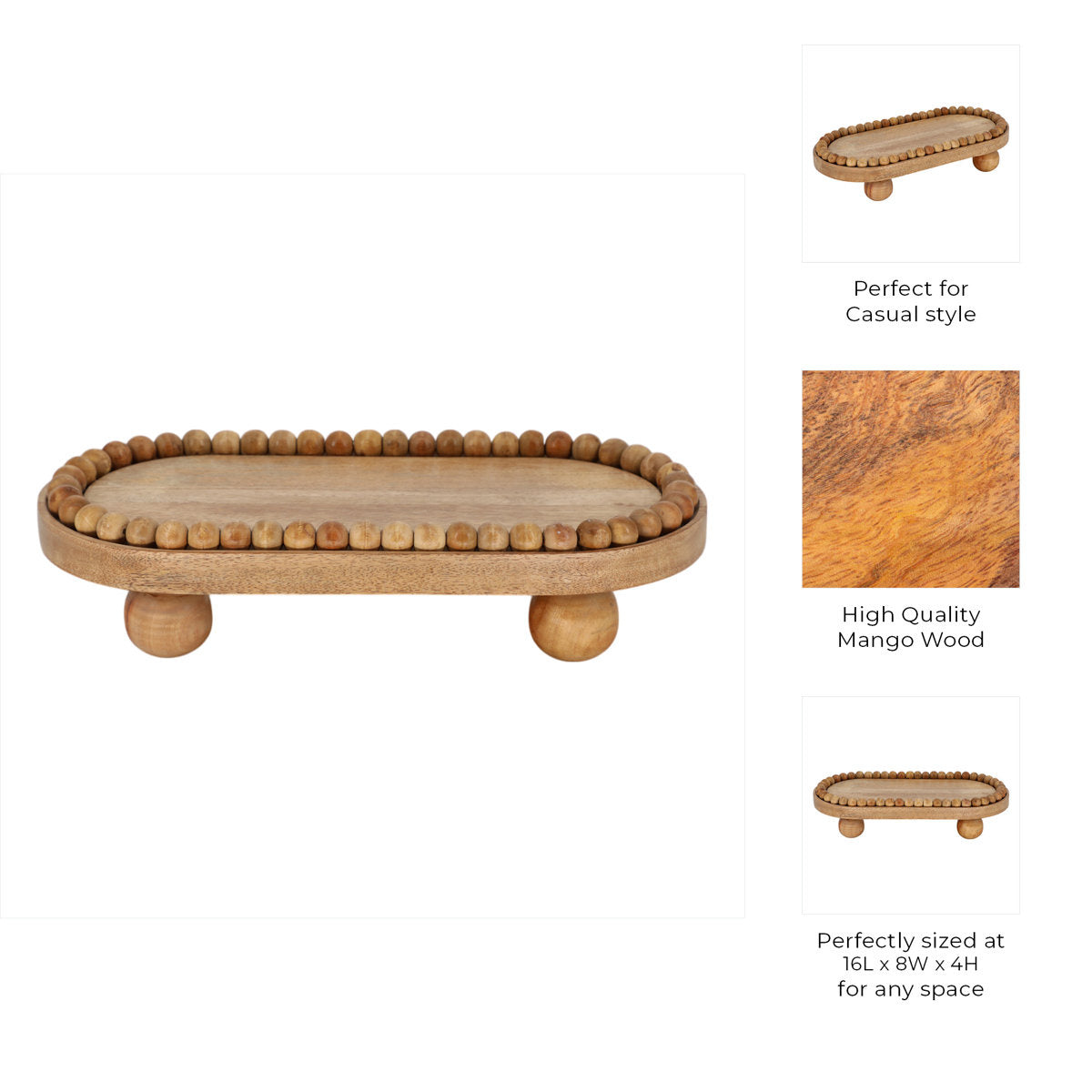 Handcrafted Mango Wood Rectangular Footed Serving Tray | Premium Solid Wood Platter with Edible Waterproof Coating | Termite-Proof Decorative Tray for Snacks & Drinks (Natural)