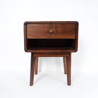 Rustic Walnut Wooden Nightstand 1-Drawer Bedside Table with Brass Pull