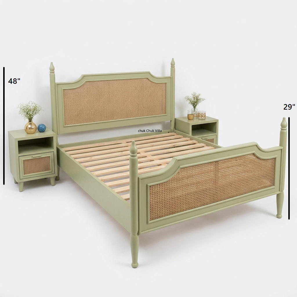The Sage Rattan Bed | Sage Green | Solid Wood | King Size & Queen Size | Without Storage | Rattan Design