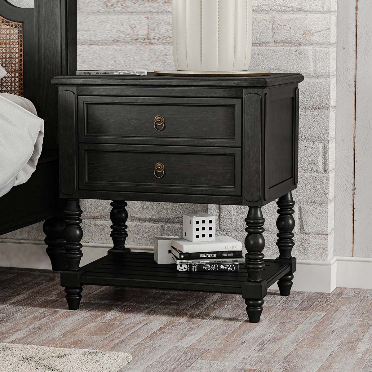 Ashley Bedside Table | Solid Wood | Black Finish | 2 Drawers | Chuk ...
