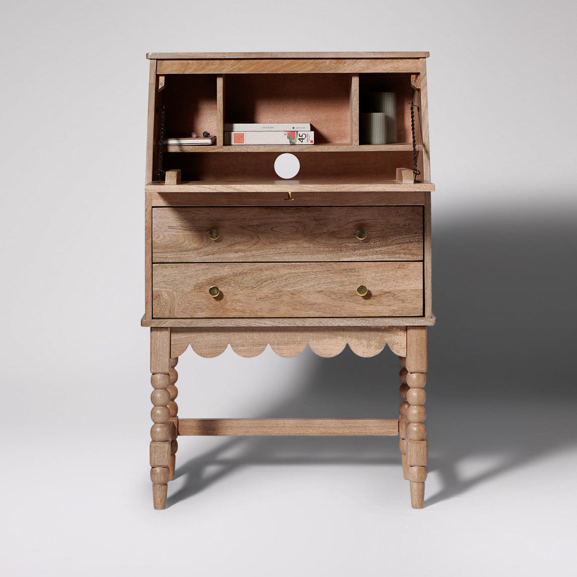Nivara Study Desk in Mango Wood | Natural Finish | Storage Included | Carved Leg | Brass Pull