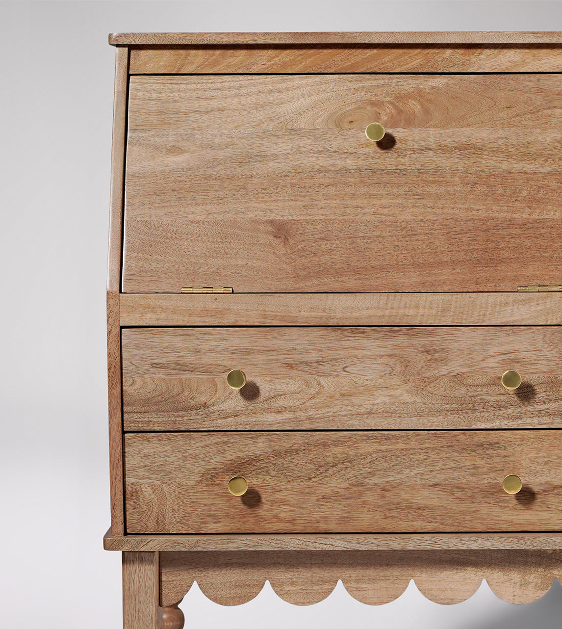 Nivara Study Desk in Mango Wood | Natural Finish | Storage Included | Carved Leg | Brass Pull