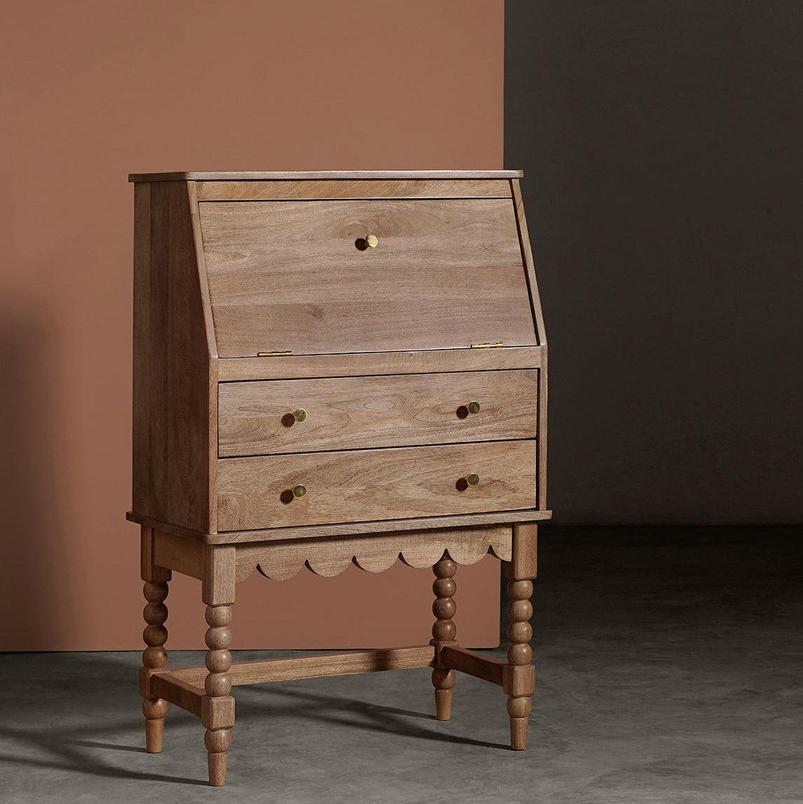 Nivara Study Desk in Mango Wood | Natural Finish | Storage Included | Carved Leg | Brass Pull