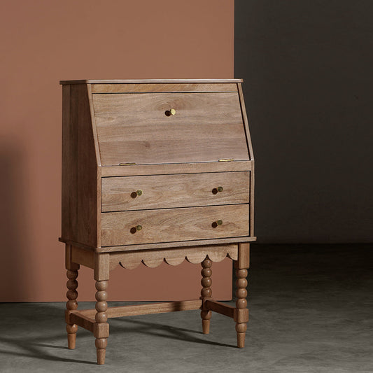 Nivara Study Desk in Mango Wood | Natural Finish | Storage Included | Carved Leg | Brass Pull