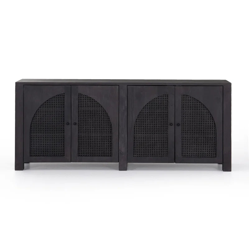 Twiddle Mango Wood Rattan Sideboard Buffet in Black Finish | Fluted Glass