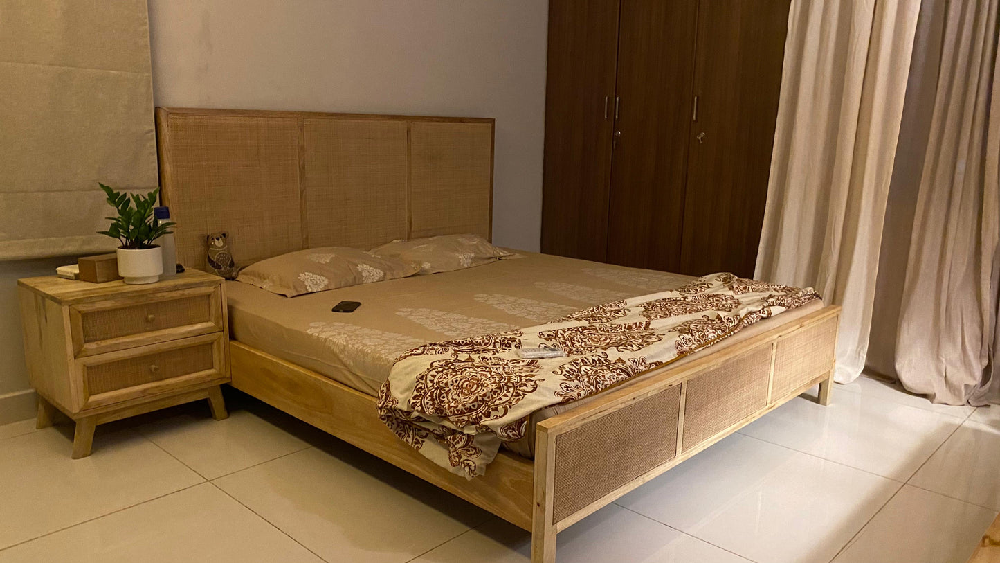Rattan Wooden Bed in Solid Wood