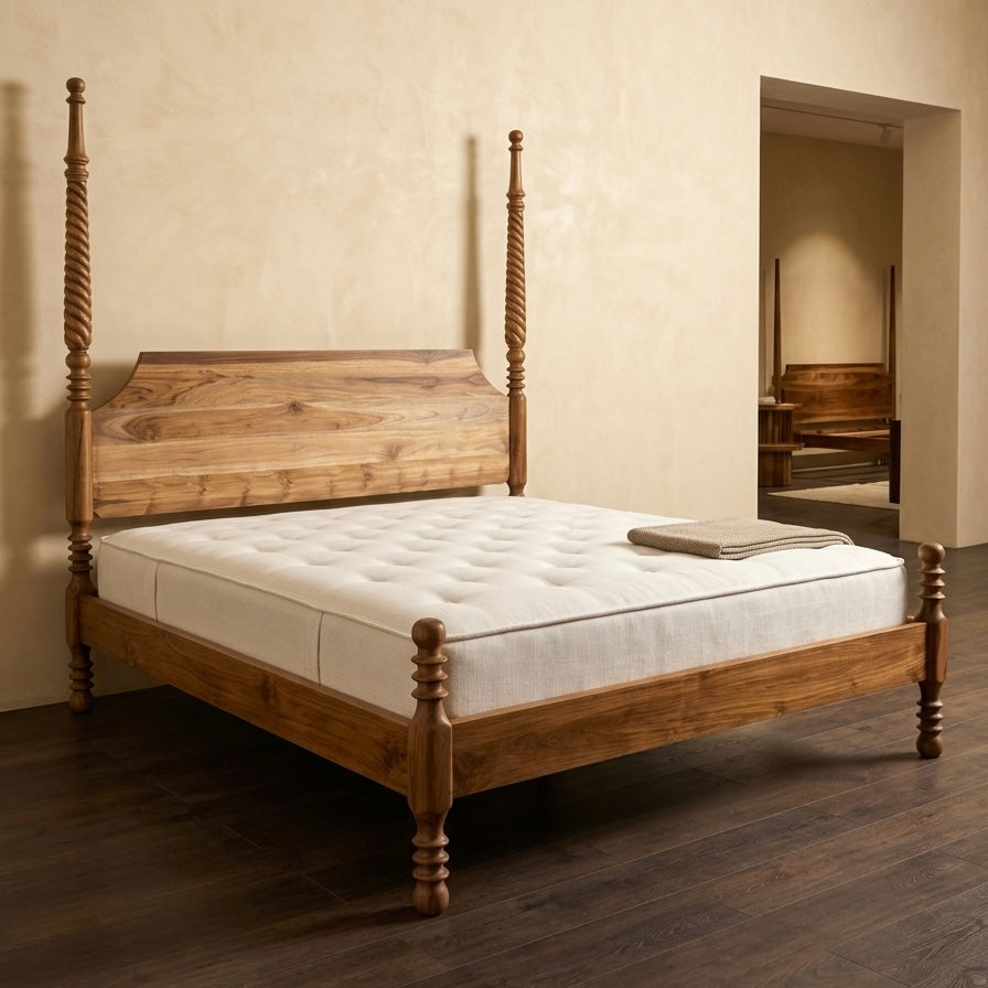 Florya Poster Bed in Acacia Wood |Natural Finish | King Size & Queen Size