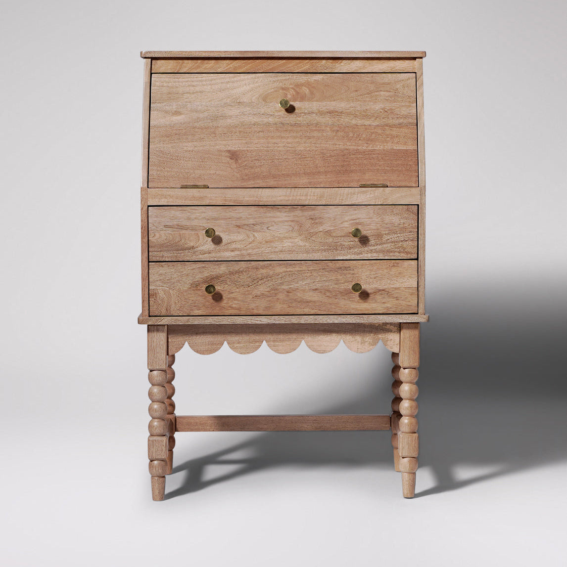 Nivara Study Desk in Mango Wood | Natural Finish | Storage Included | Carved Leg | Brass Pull