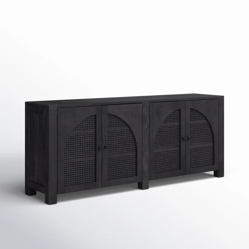 Twiddle Mango Wood Rattan Sideboard Buffet in Black Finish | Fluted Glass