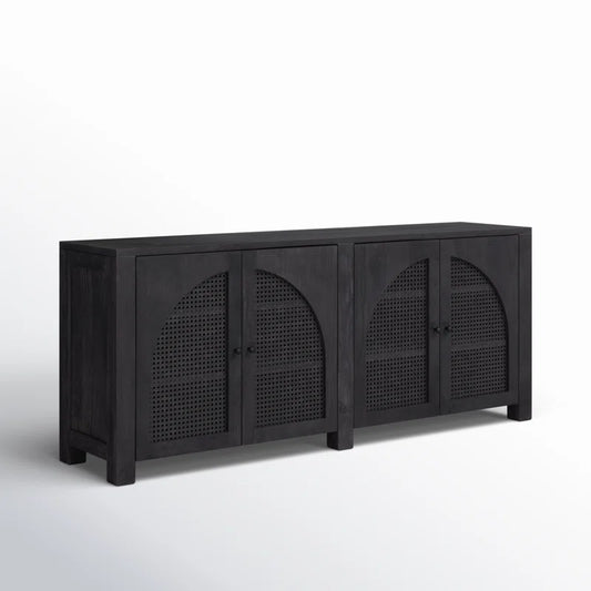 Twiddle Mango Wood Rattan Sideboard Buffet in Black Finish | Fluted Glass