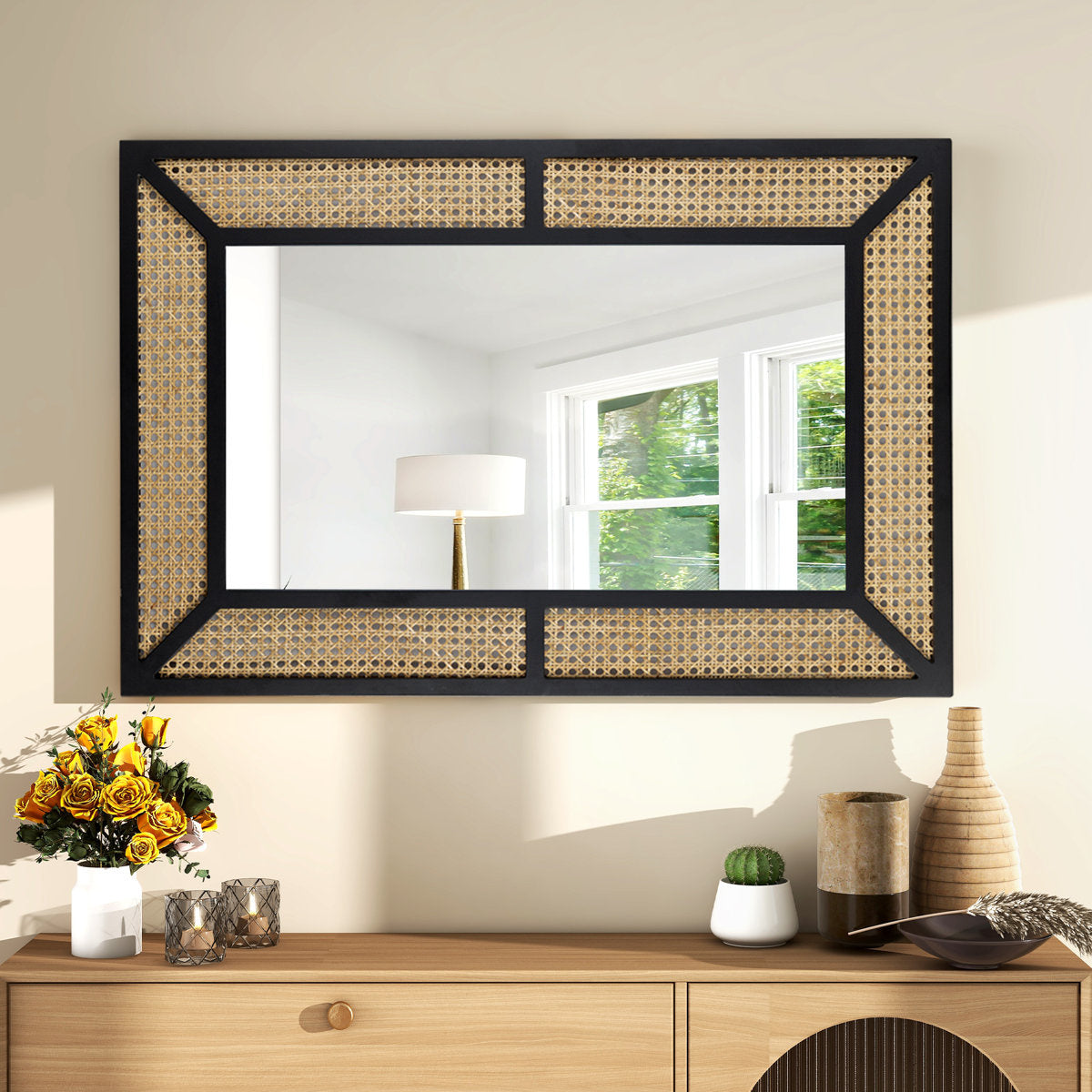 Alyni Wall Mirror Rectangle Solid Wood Framed Accent Mirror Rattan Design Black Finish