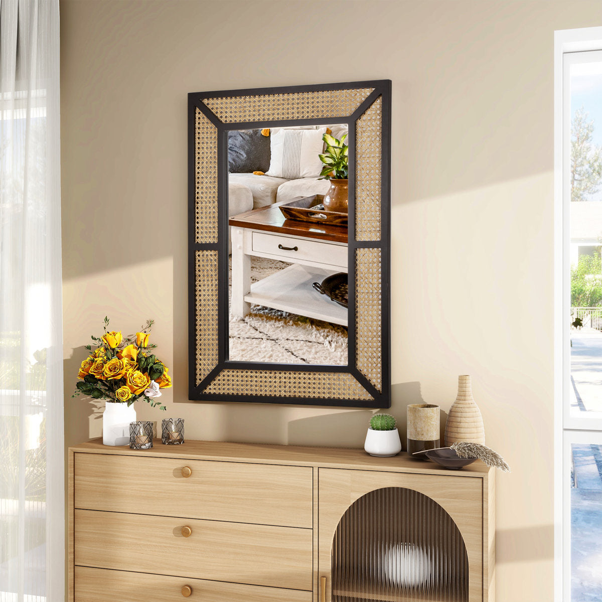 Alyni Wall Mirror Rectangle Solid Wood Framed Accent Mirror Rattan Design Black Finish