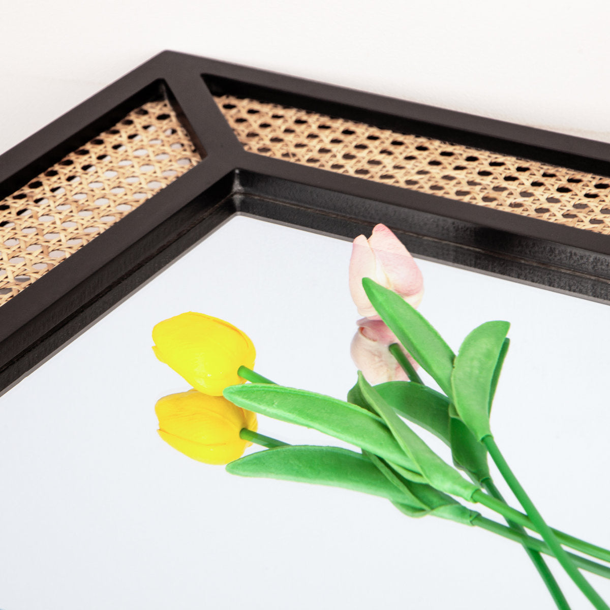 Alyni Wall Mirror Rectangle Solid Wood Framed Accent Mirror Rattan Design Black Finish