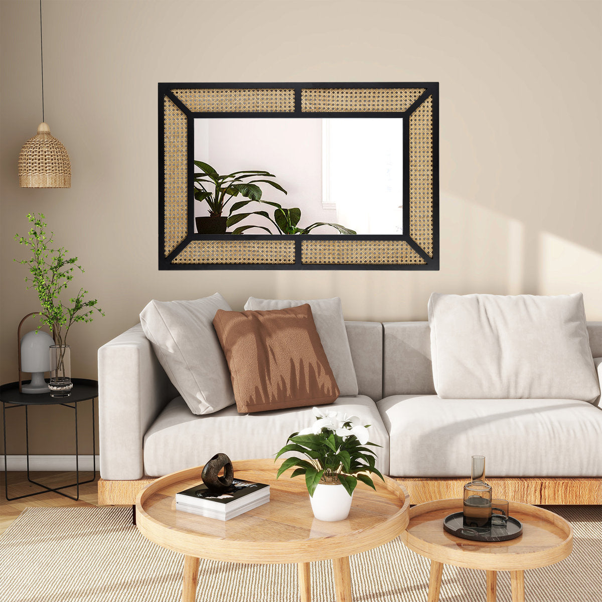 Alyni Wall Mirror Rectangle Solid Wood Framed Accent Mirror Rattan Design Black Finish