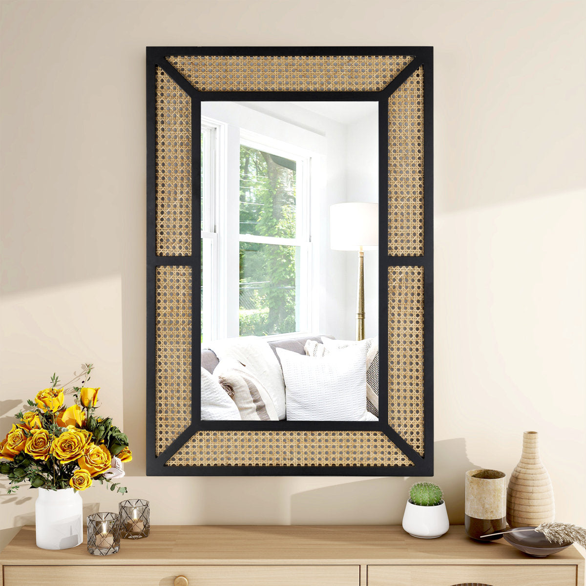 Alyni Wall Mirror Rectangle Solid Wood Framed Accent Mirror Rattan Design Black Finish
