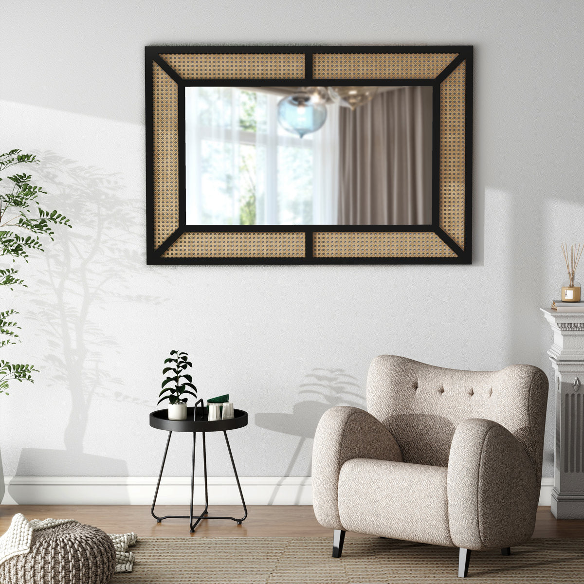 Alyni Wall Mirror Rectangle Solid Wood Framed Accent Mirror Rattan Design Black Finish