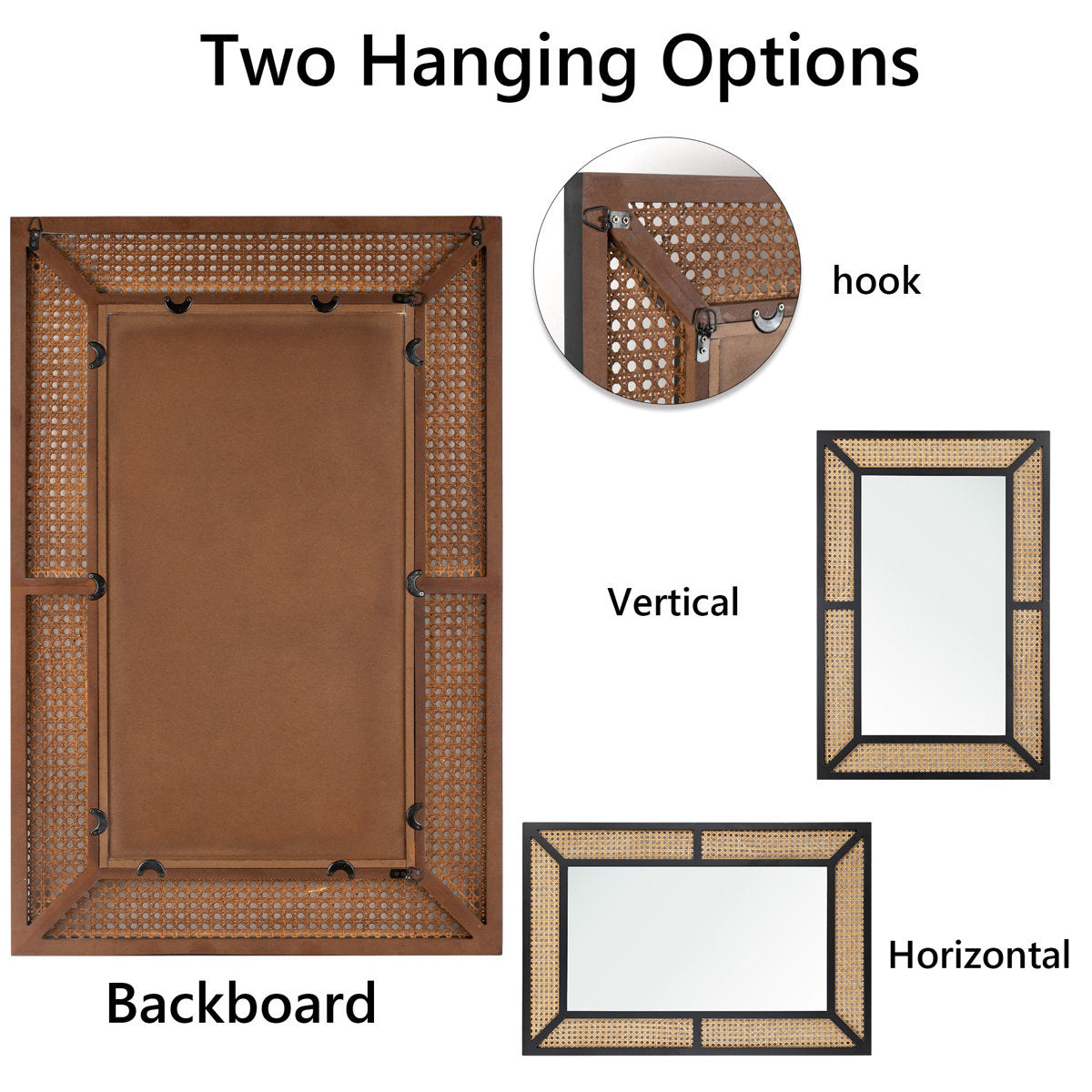 Alyni Wall Mirror Rectangle Solid Wood Framed Accent Mirror Rattan Design Black Finish