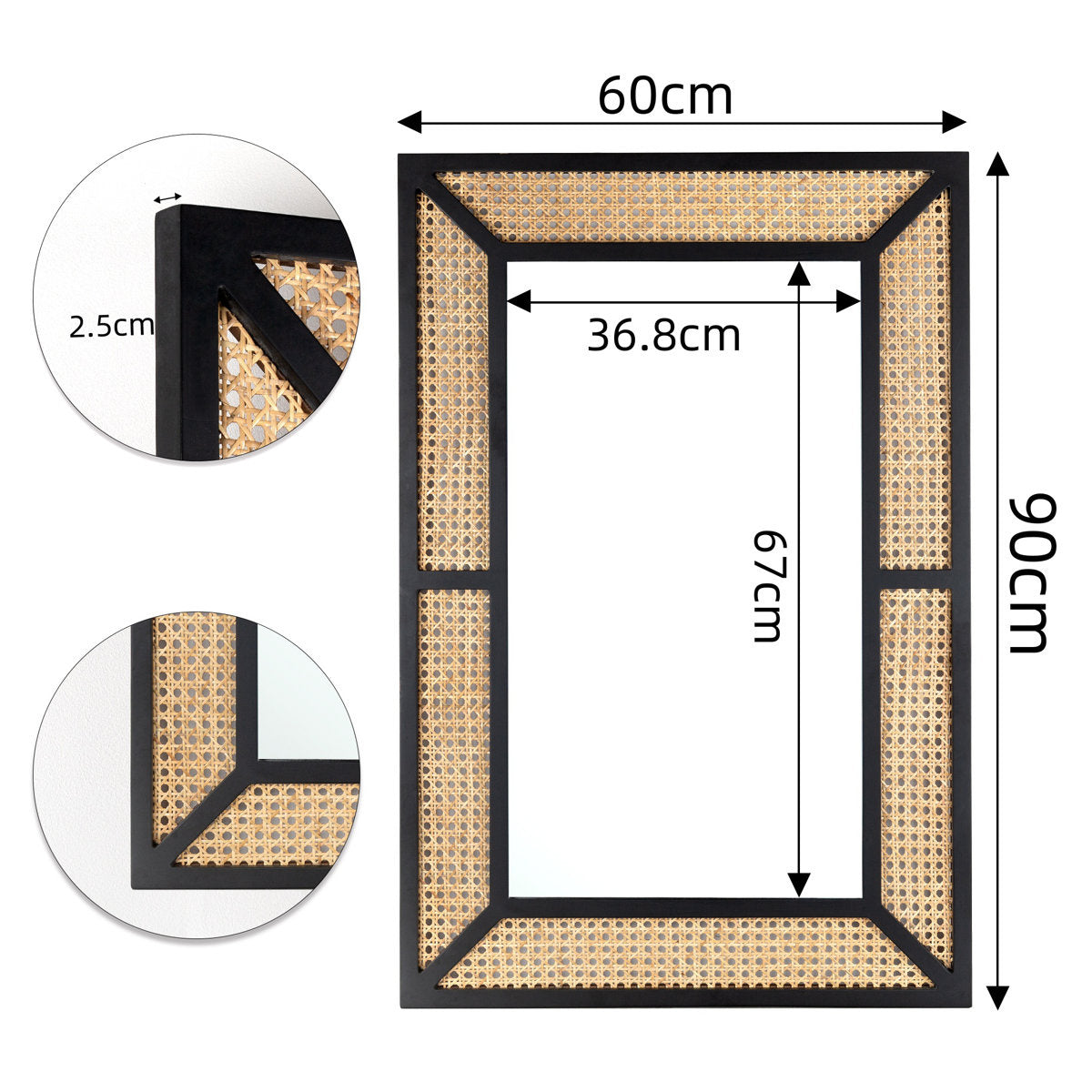 Alyni Wall Mirror Rectangle Solid Wood Framed Accent Mirror Rattan Design Black Finish