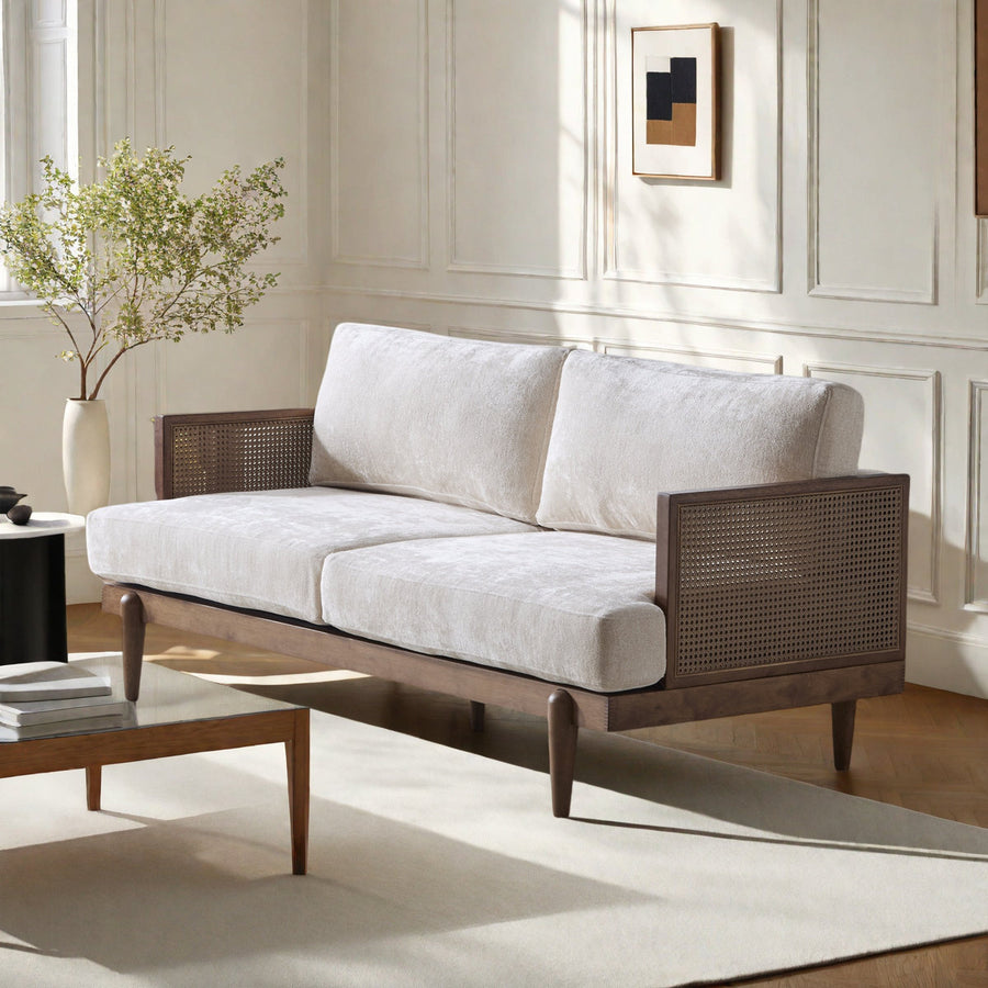 Aneet Upholstered Rattan Sofa in Solid Wood