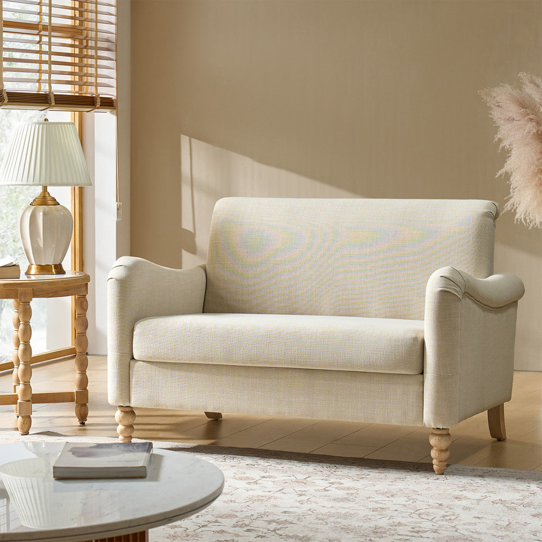Arching 2 Seater Farmhouse Loveseat With Solid Wood Spindle Legs