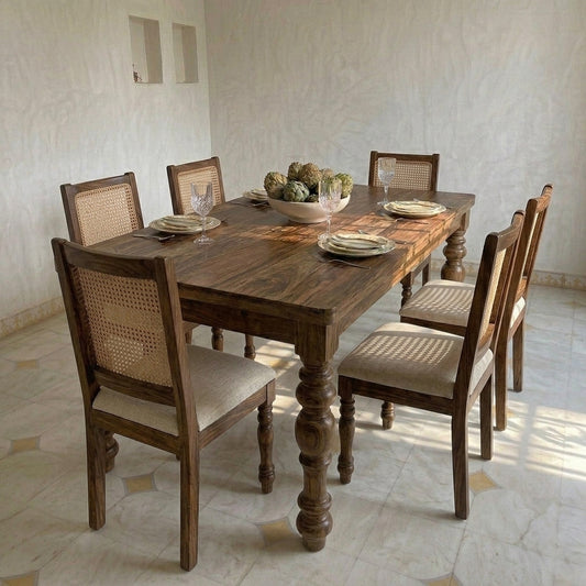 Aria Sheesham Wood 6 Seater Dining Table Set with Rattan Backrest Cushion Chairs - Complete Dining Room Setup