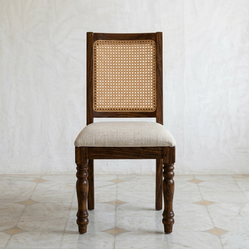 Solid Wood Dining Chair with Handcrafted Rattan Cane Backrest and Premium Cushion Seating - Aria Collection