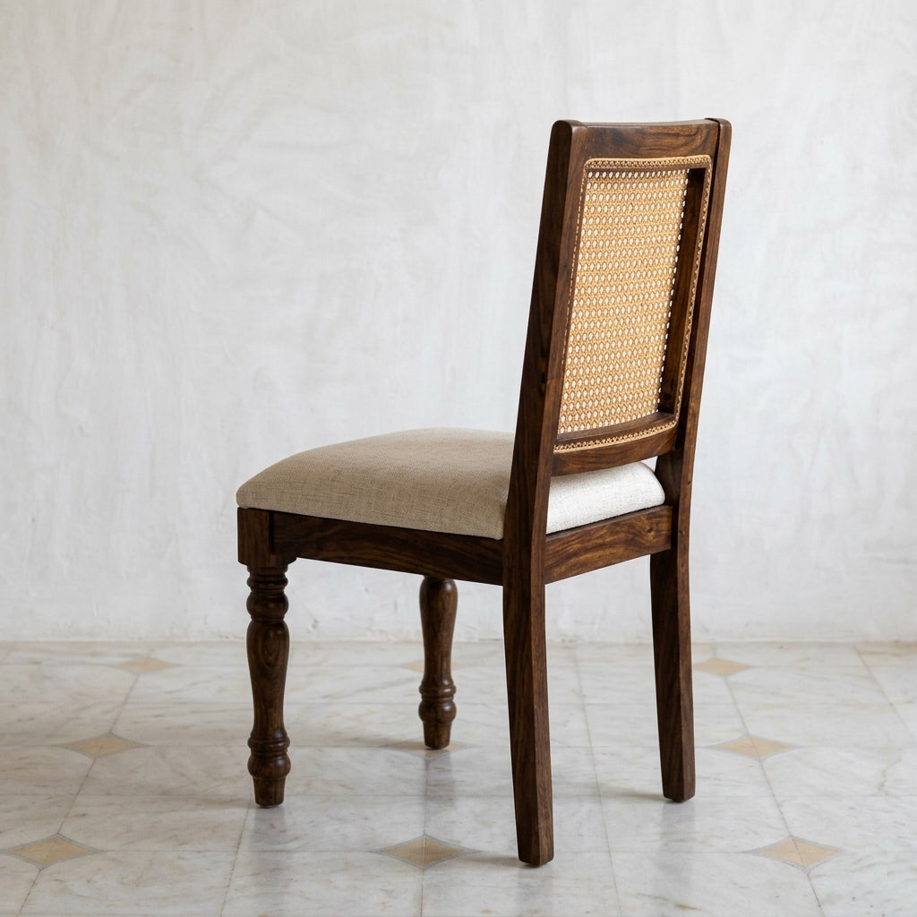 Aria Sheesham Wood 6 Seater Dining Table Set with Rattan Backrest Cushion Chairs | Solid Wood Dining Room Furniture