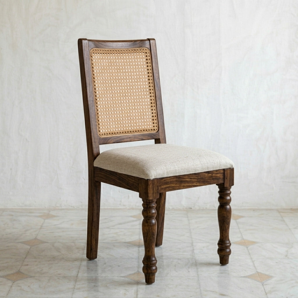 Aria Sheesham Wood 6 Seater Dining Table Set with Rattan Backrest Cushion Chairs | Solid Wood Dining Room Furniture