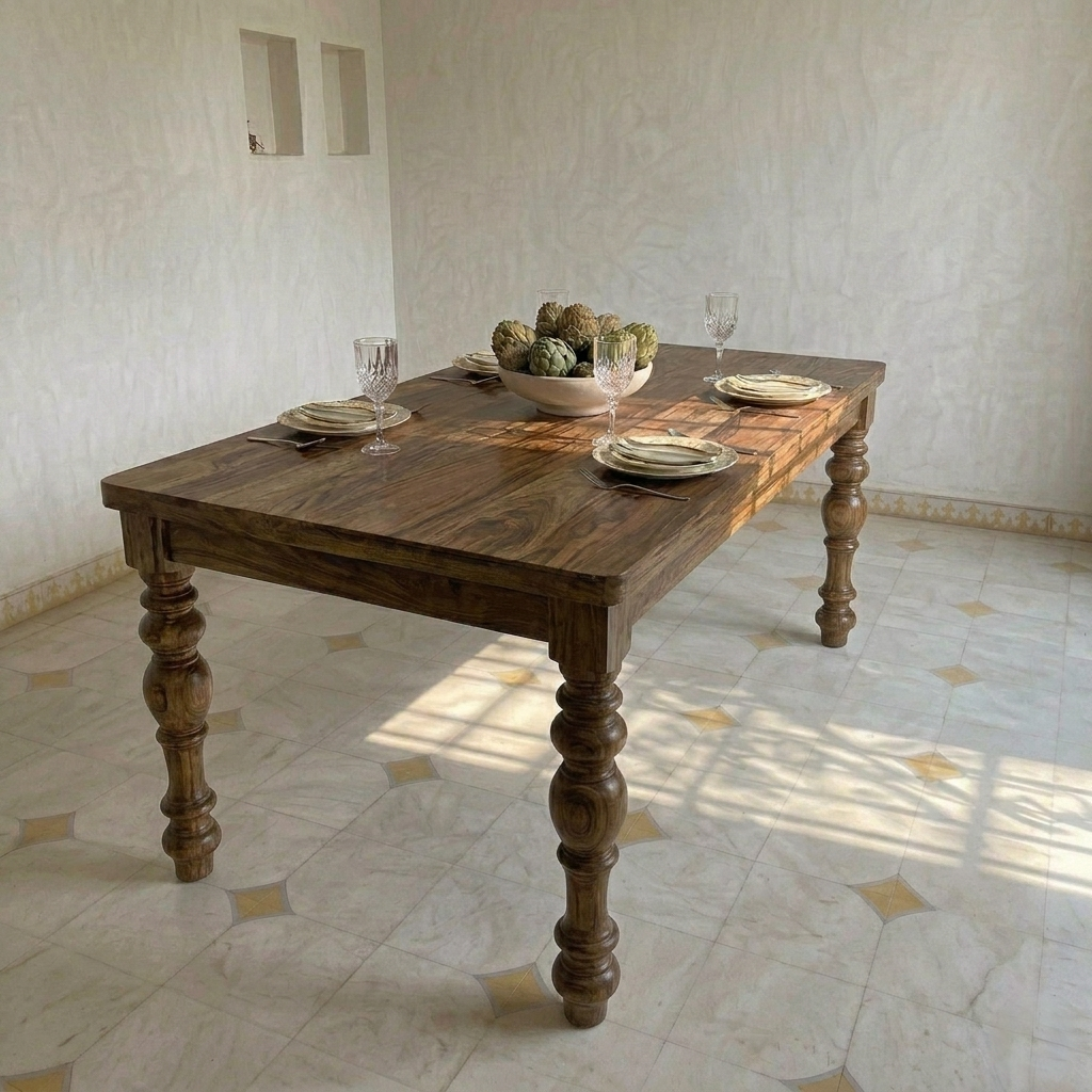 Premium Solid Sheesham Wood Dining Table Top Showing Natural Grains - Aria 6 Seater Set